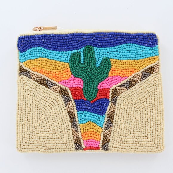 New KAY LEE NY Beaded Southwest Cactus Coin Purse/Makeup Bag ❤️Made in India❤️ - Picture 1 of 3